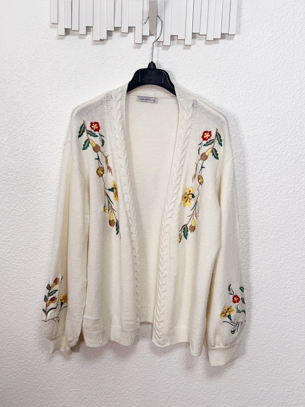 Miss Sparkling Ivory Floral Embroidered Open Front Cardigan Cable Knit Sweater